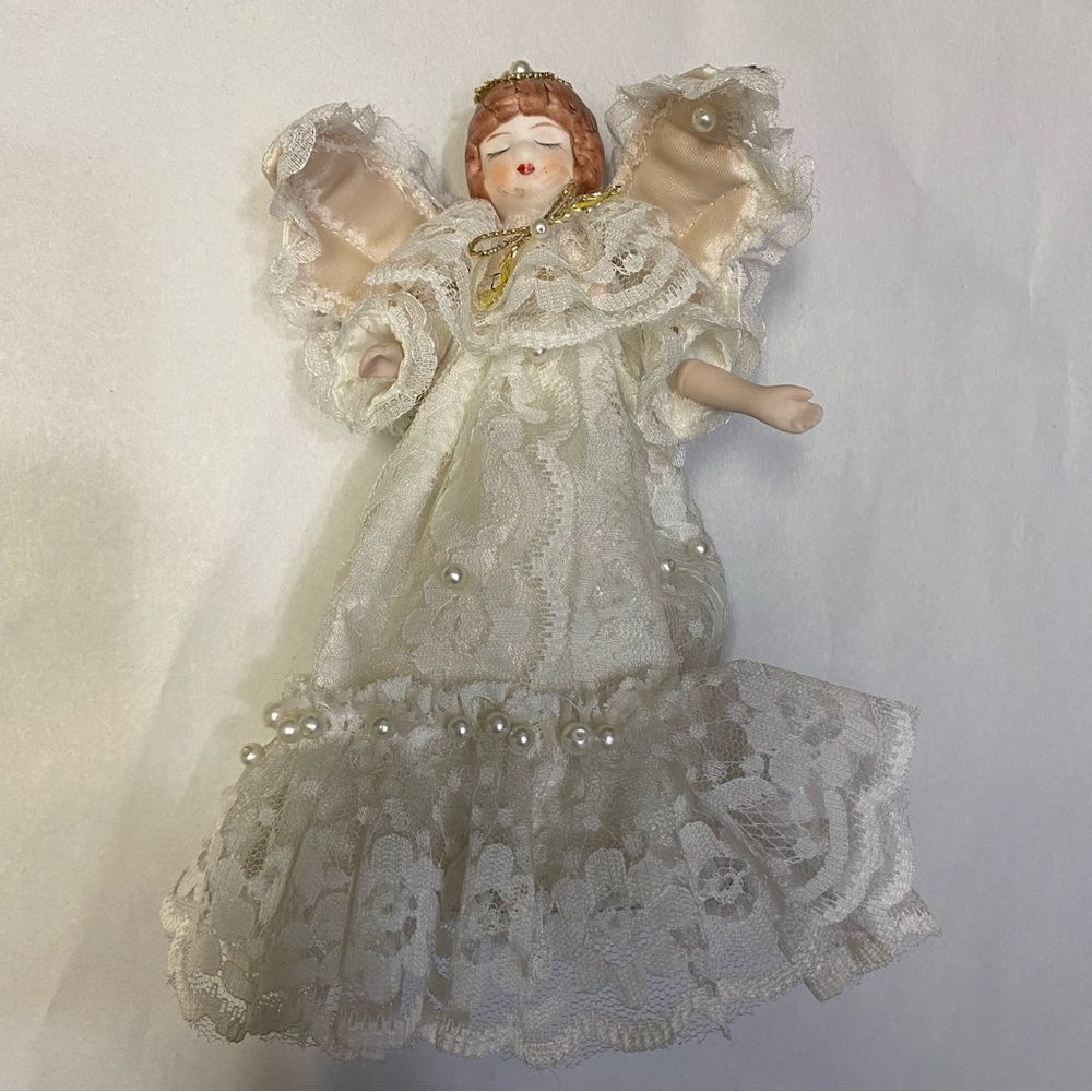 Vintage Angel Christmas Tree Topper Lace Beaded Porcelain Head Holiday Festive